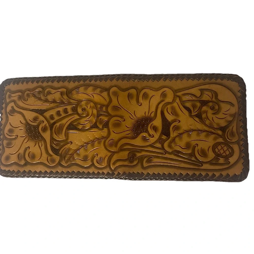 Western‎ Tooled Leather Wallet Floral Scroll Whipstitch Bifold Unbranded